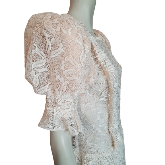 Vintage Early 90s Sheer Lace Dress size Small Puff Sleeve Drop Waist Unlined - Picture 6 of 9